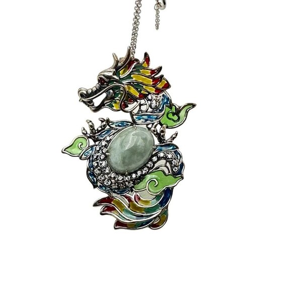 Jade of Yesteryear Womens Necklace Sterling Green Jade Dragon Plique a Jour - Picture 4 of 5